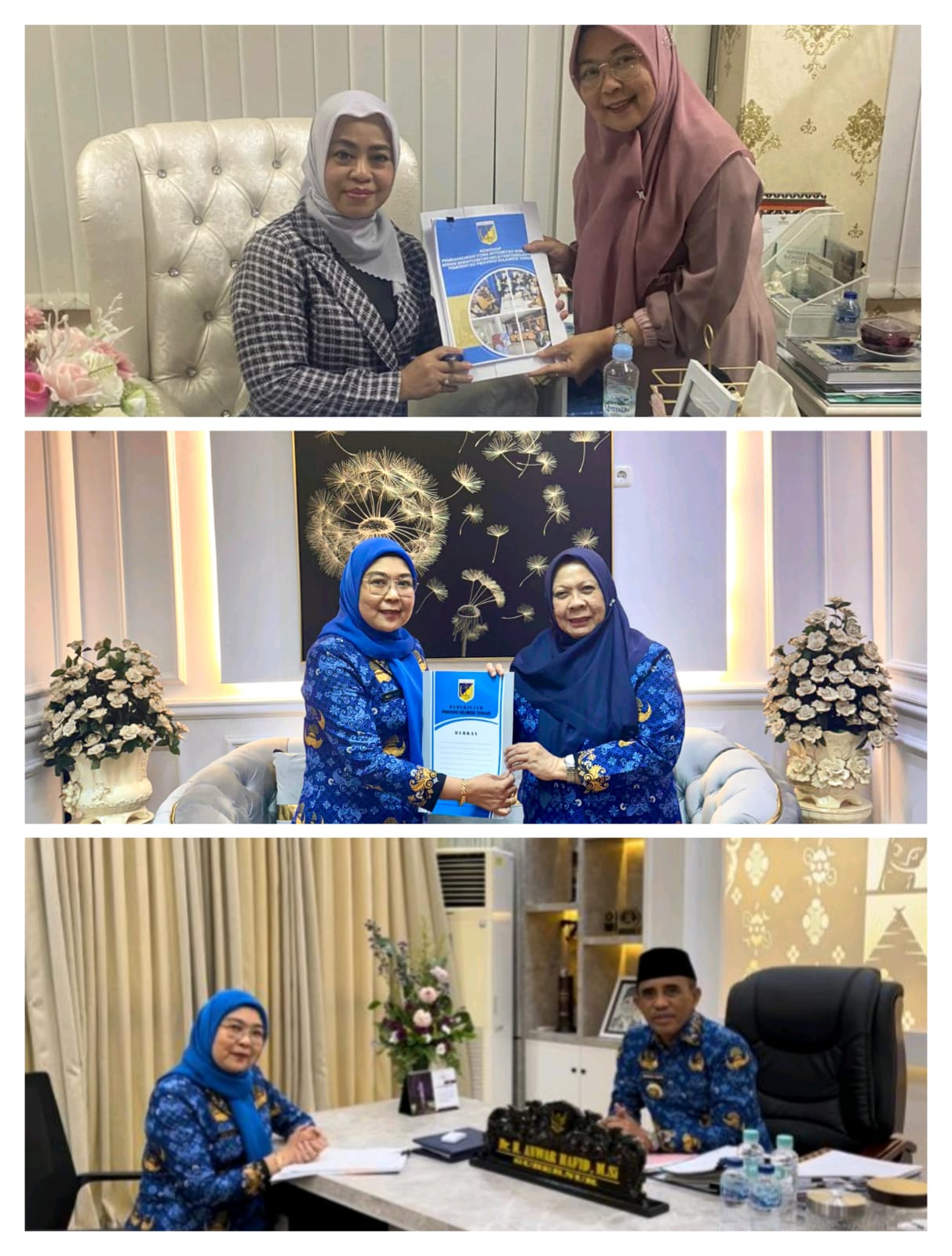 Sdr. Neng Elly, bersama Sekdaprov Sulteng Dra. Novalina, MM, (atas), Neng Elly bersama Wakil Gubernur, dr. Reni Lamadjido (tengah), serta Saudari Neng Elly bersama Gubernur Sulawesi Tengah, Dr. Anwar Hafid, M.Si, (bawah). FOTO: IST