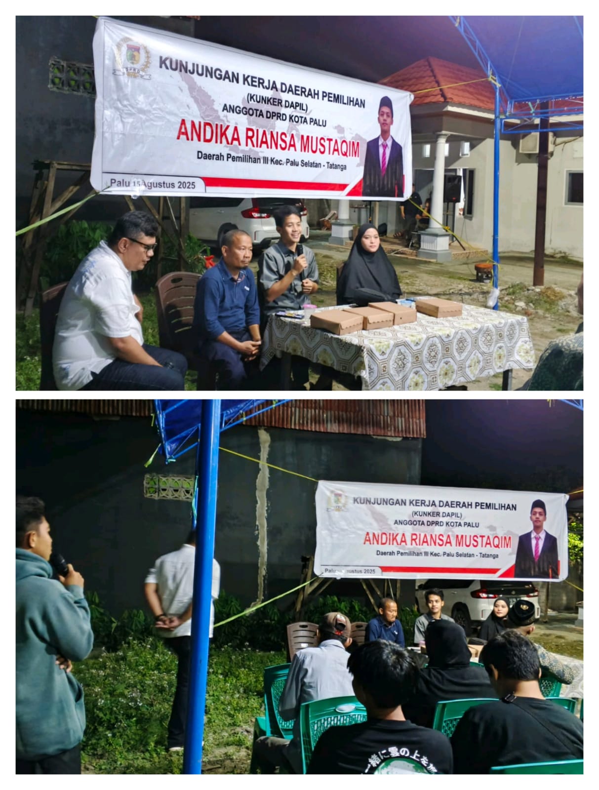 Anggota DPRD Kota Palu, Andika Riansa Mustaqim, saat memberikan tanggapan atas sejumlah pertanyaan dari warga kelurahan. Salah seorang warga menanyakan kenaikan PBB 1000 persen. FOTO: Mohammad Rizal/Filesulawesi.com